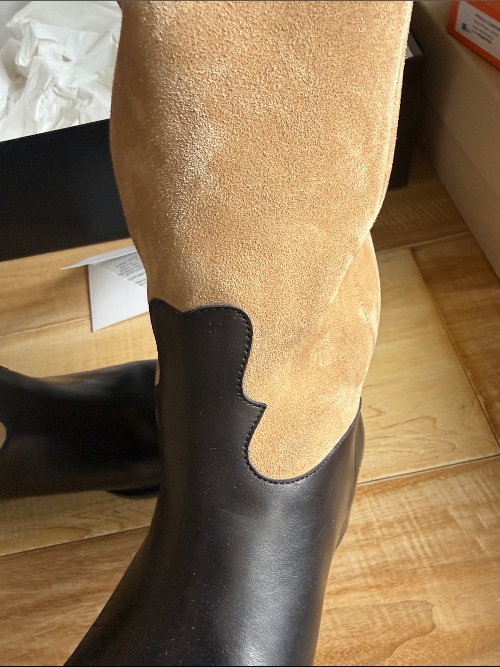 CHANEL Two-Tone Black Leather and Beige Suede Mid-Calf Lace-Up Boots - Picture 4 of 14